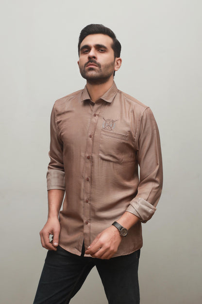 MEN'S LIGHT BROWN EMBROIDERY CASUAL SHIRT