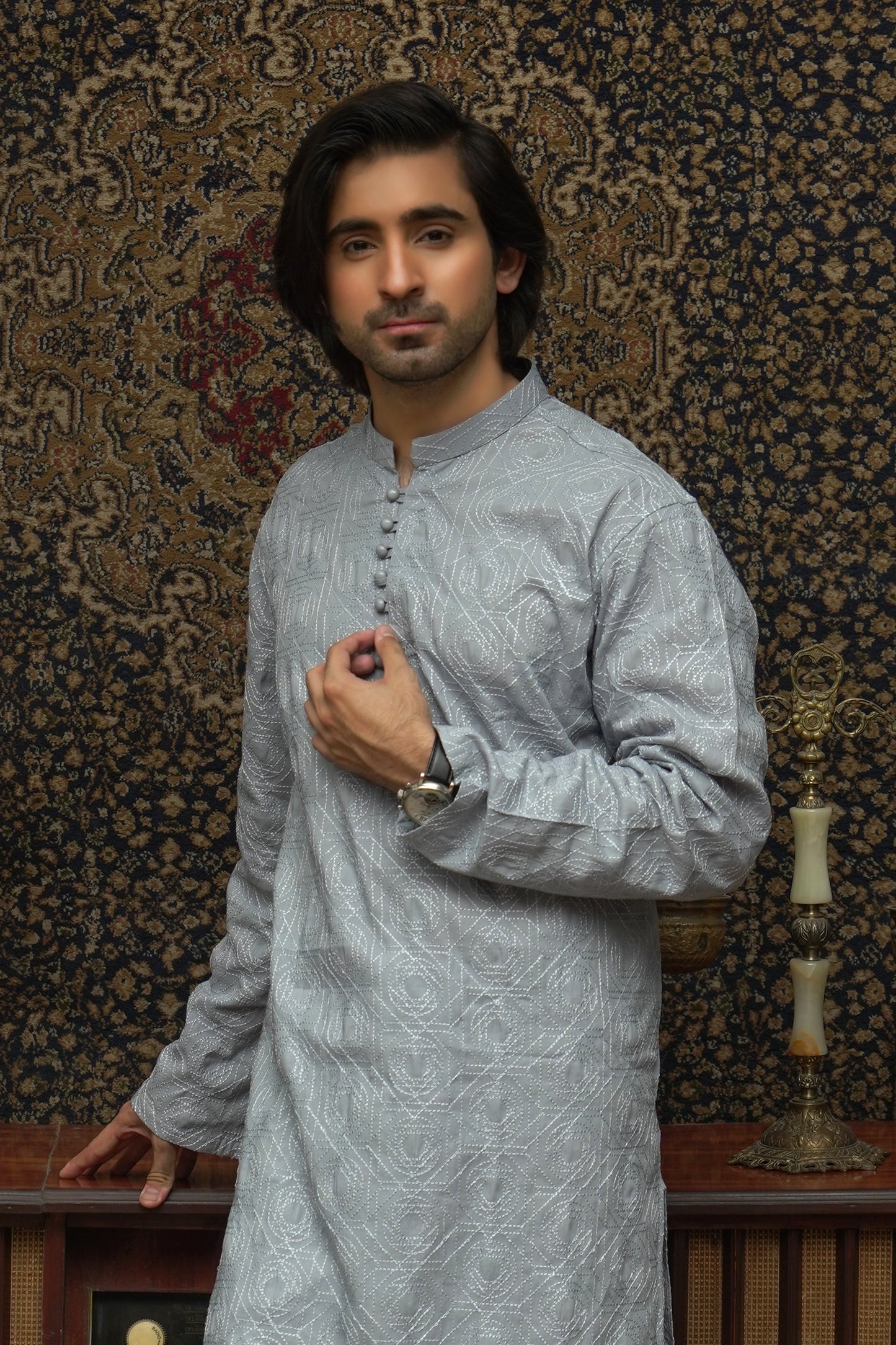 GRAY CHICKEN COTTON MEN'S KAMEEZ SHALWAR