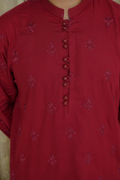 RED EMBROIDED MEN'S COTTON KURTA