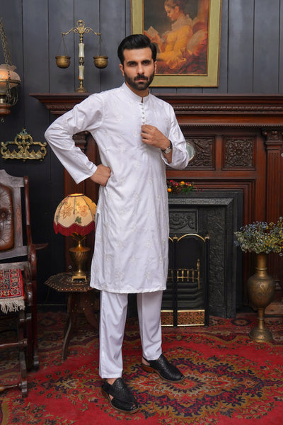 WHITE BOSKI CHICKEN MEN'S  KURTA SET