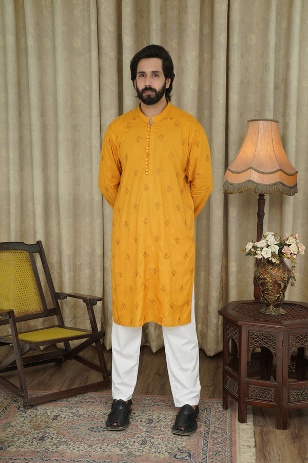 HERREN KURTA MIT SENFFARBENER STICKEREI