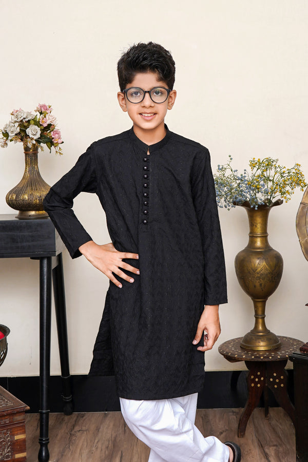KID'S BLACK THICK CHICKEN EMBROIDRRAD KURTA