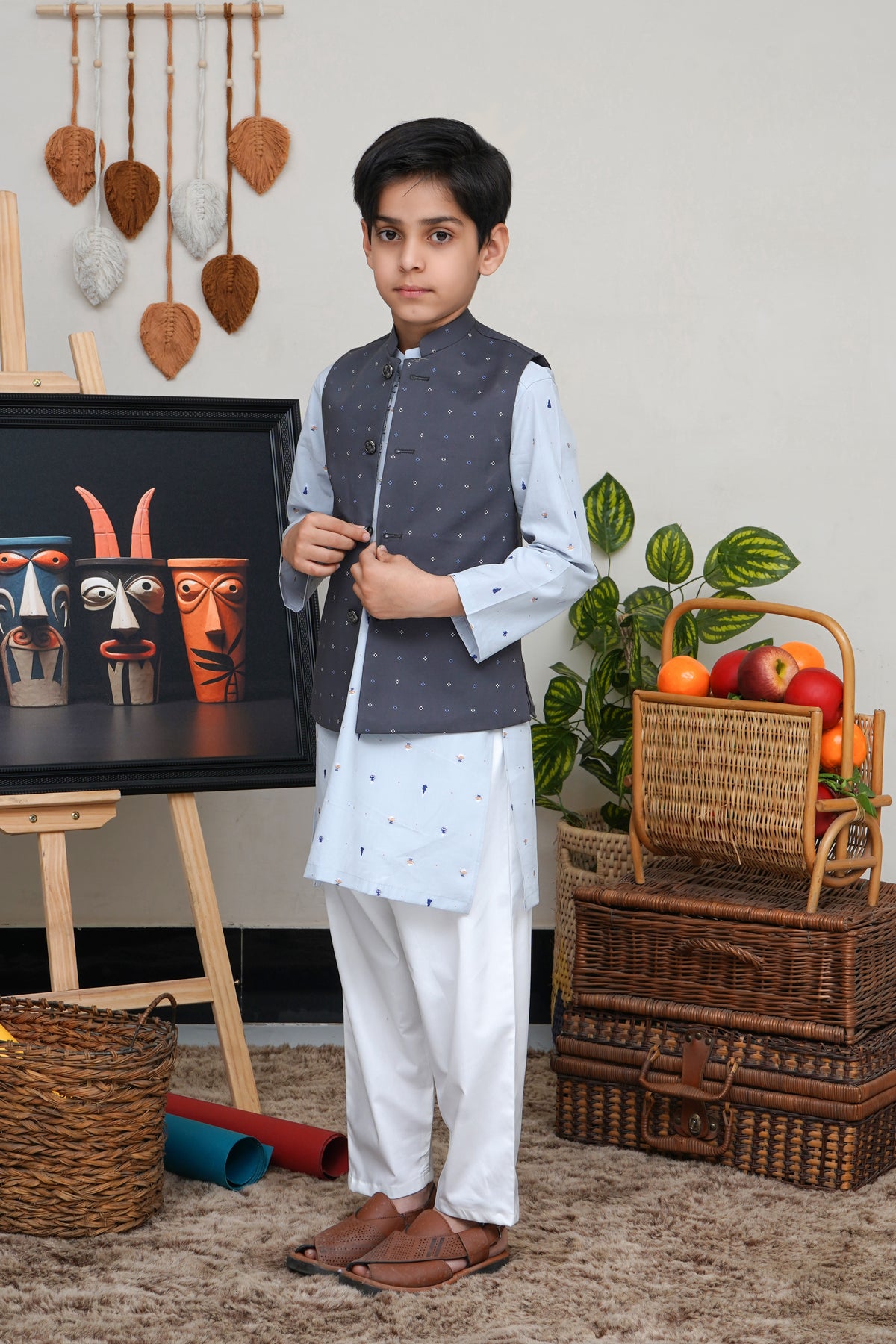 CHARCOAL GRAY PRINTED KID'S WAIST COAT