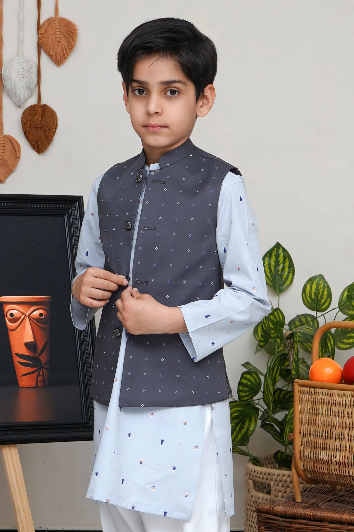 CHARCOAL GRAY PRINTED KID'S WAIST COAT