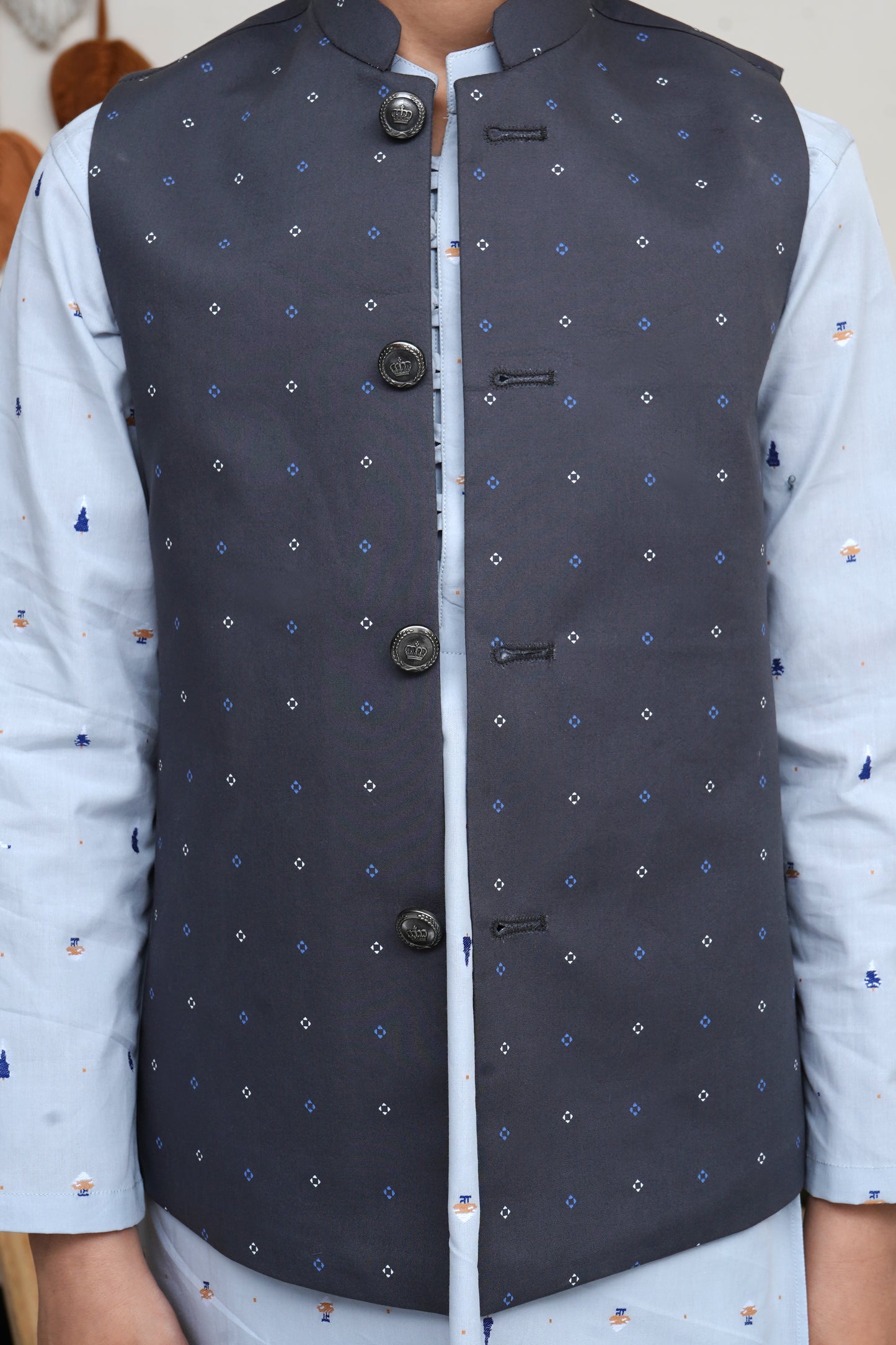 CHARCOAL GRAY PRINTED KID'S WAIST COAT