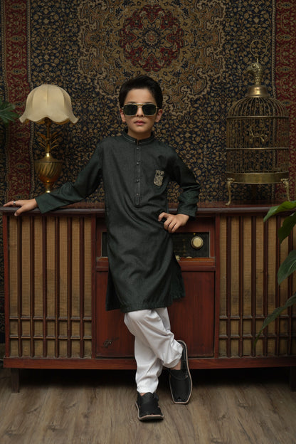 DARK GREEN PATCHED KID'S KURTA