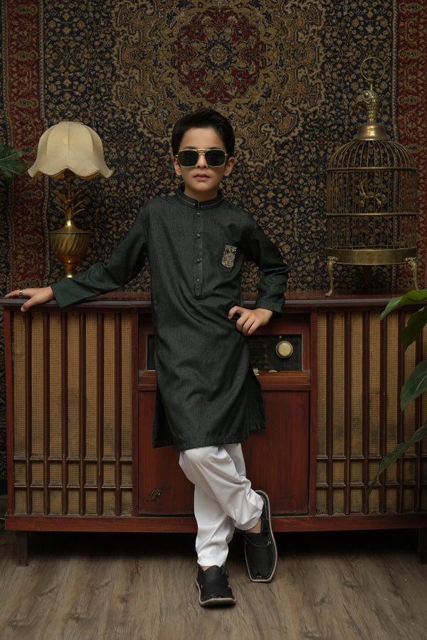 DUNKELGRÜNE GEFÜGTE KINDER-KURTA