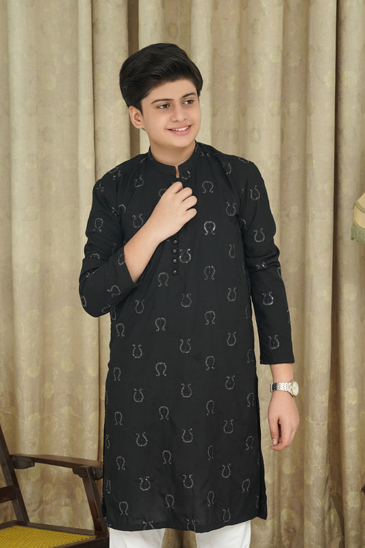 BLACK EMBROIDED CHICKEN KID'S  KURTA