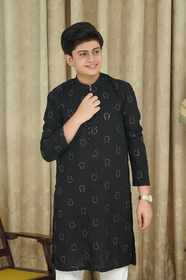 BLACK EMBROIDED CHICKEN KID'S  KURTA