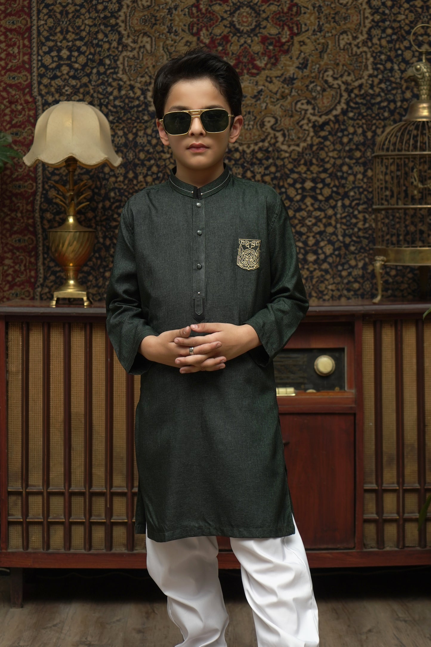 DARK GREEN PATCHED KID'S KURTA