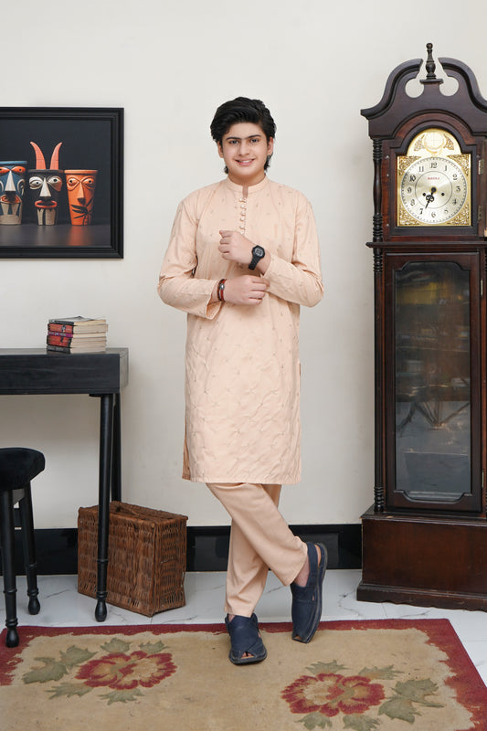 CREAM EMBROIDED WASH & WEAR KID'S KAMEEZ SHALWAR