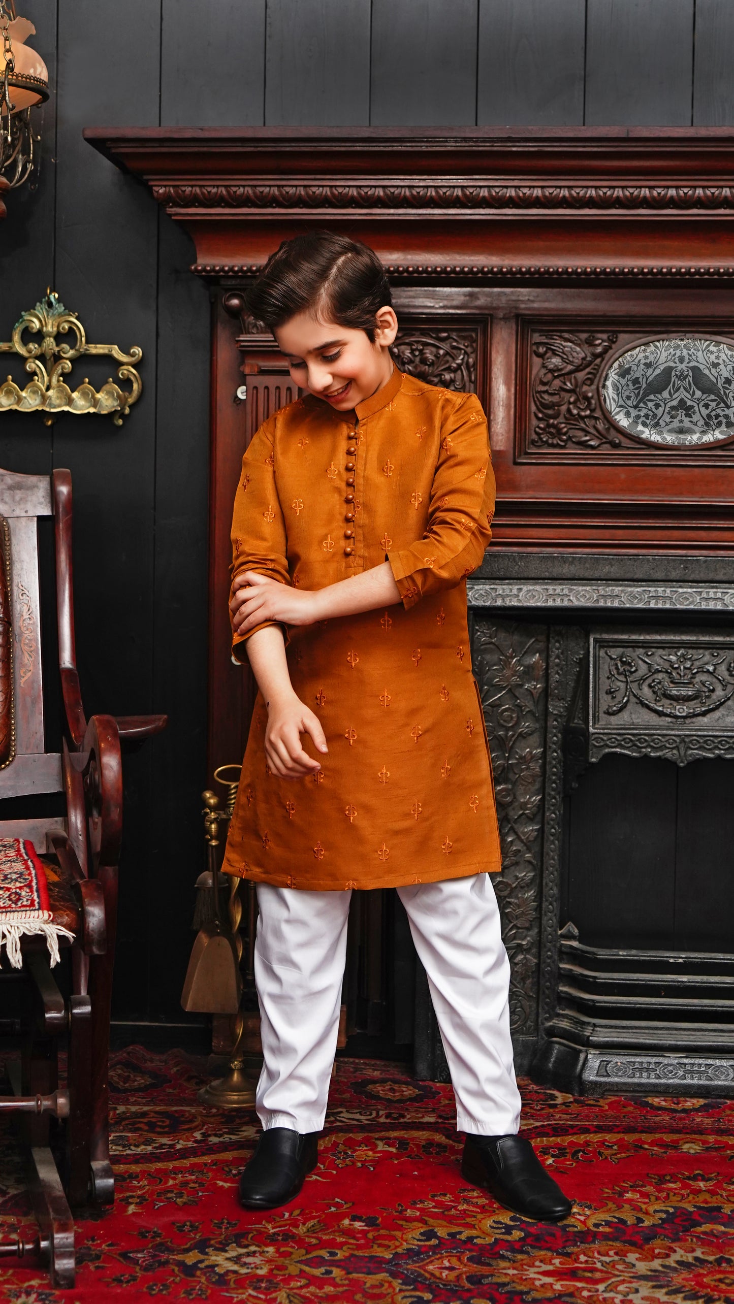 GAMBOGE  BROWN EMBROIDED KID'S KURTA