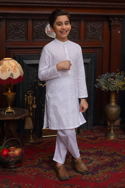 WHITE COTTON EMBROIDED KID'S KURTA SET