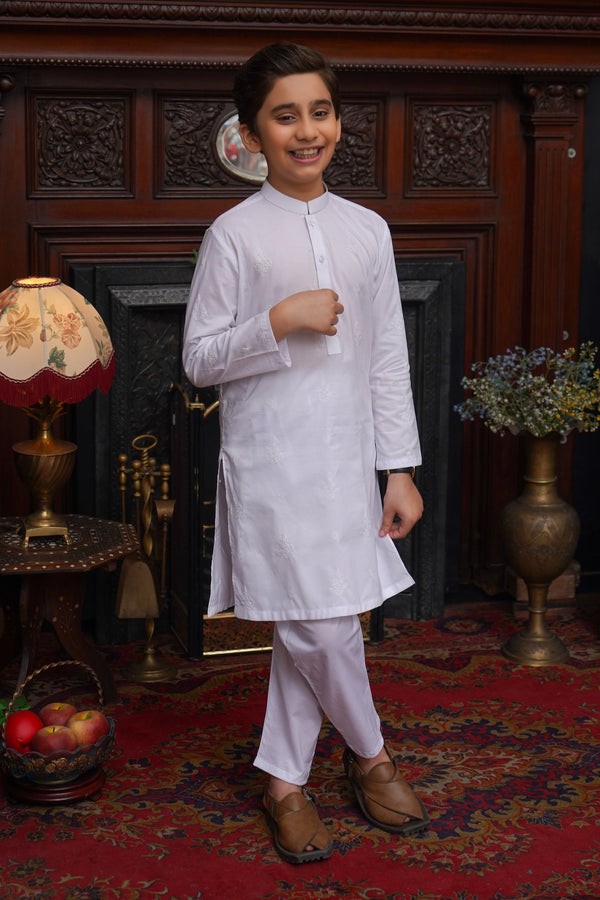 WHITE COTTON EMBROIDED KID'S KURTA SET