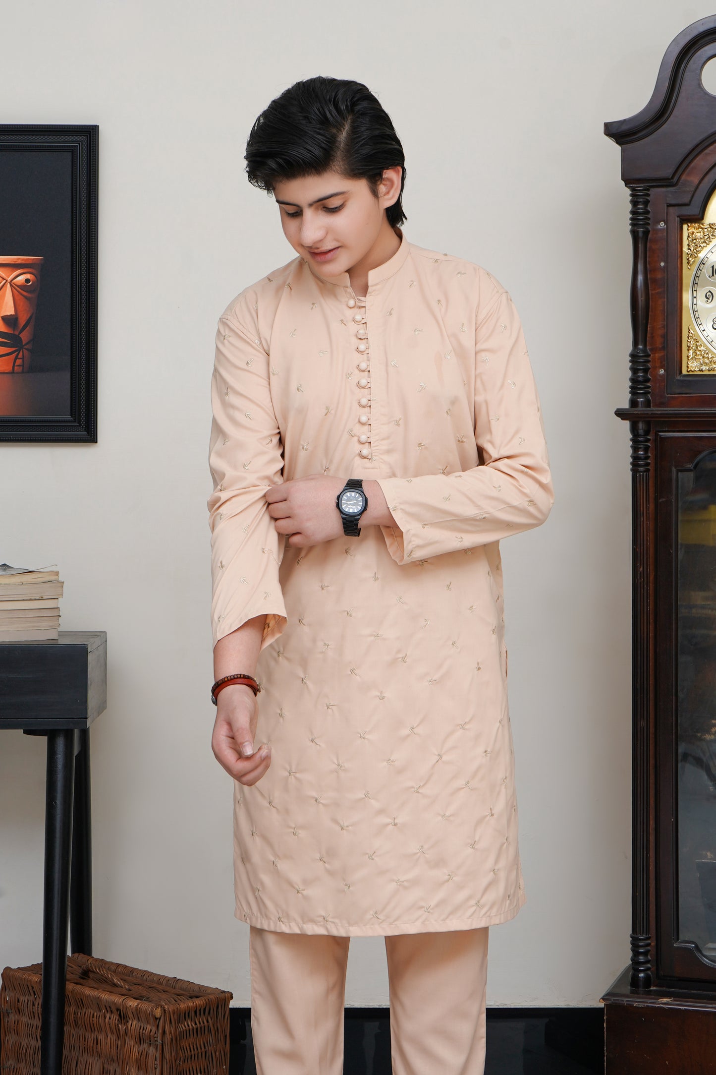 CREAM KID'S EMBROIDED WASH & WEAR KAMEEZ SHALWAR