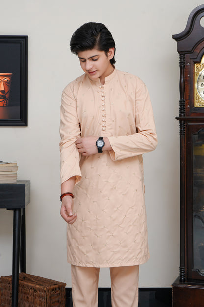 CREAM KID'S EMBROIDED WASH & WEAR KAMEEZ SHALWAR