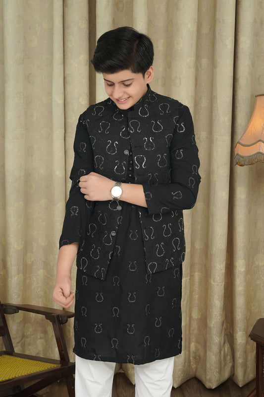 BLACK SEQUENCE EMBROIDERY  KID'S WAIST COAT