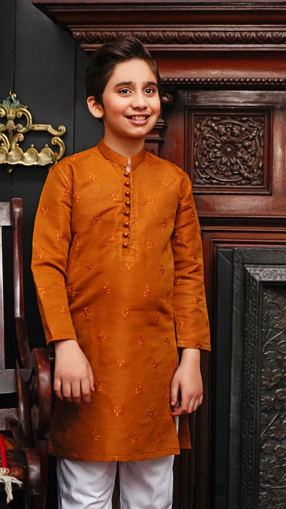 GAMBOGE  BROWN EMBROIDED KID'S KURTA