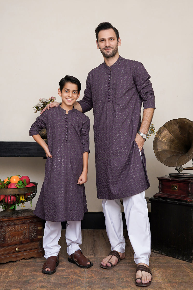 Dusty Purple Chicken Embroidered Kid's Kurta - view 9 - maqsood.pk
