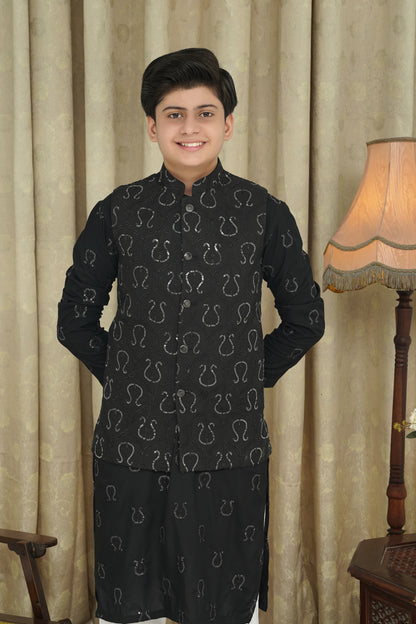 BLACK SEQUENCE EMBROIDERY  KID'S WAIST COAT