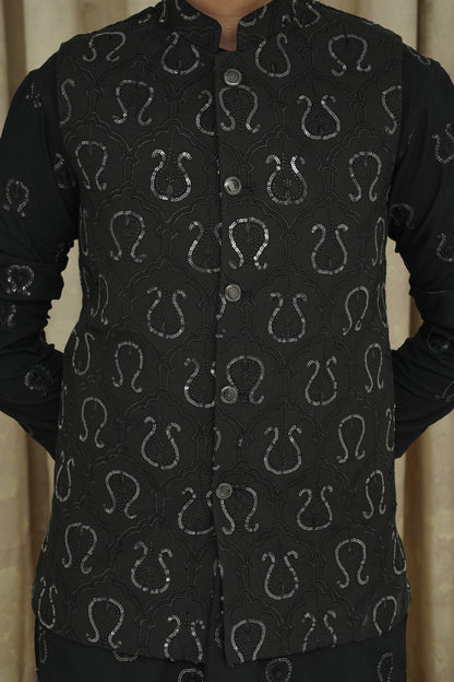 BLACK SEQUENCE EMBROIDERY  KID'S WAIST COAT