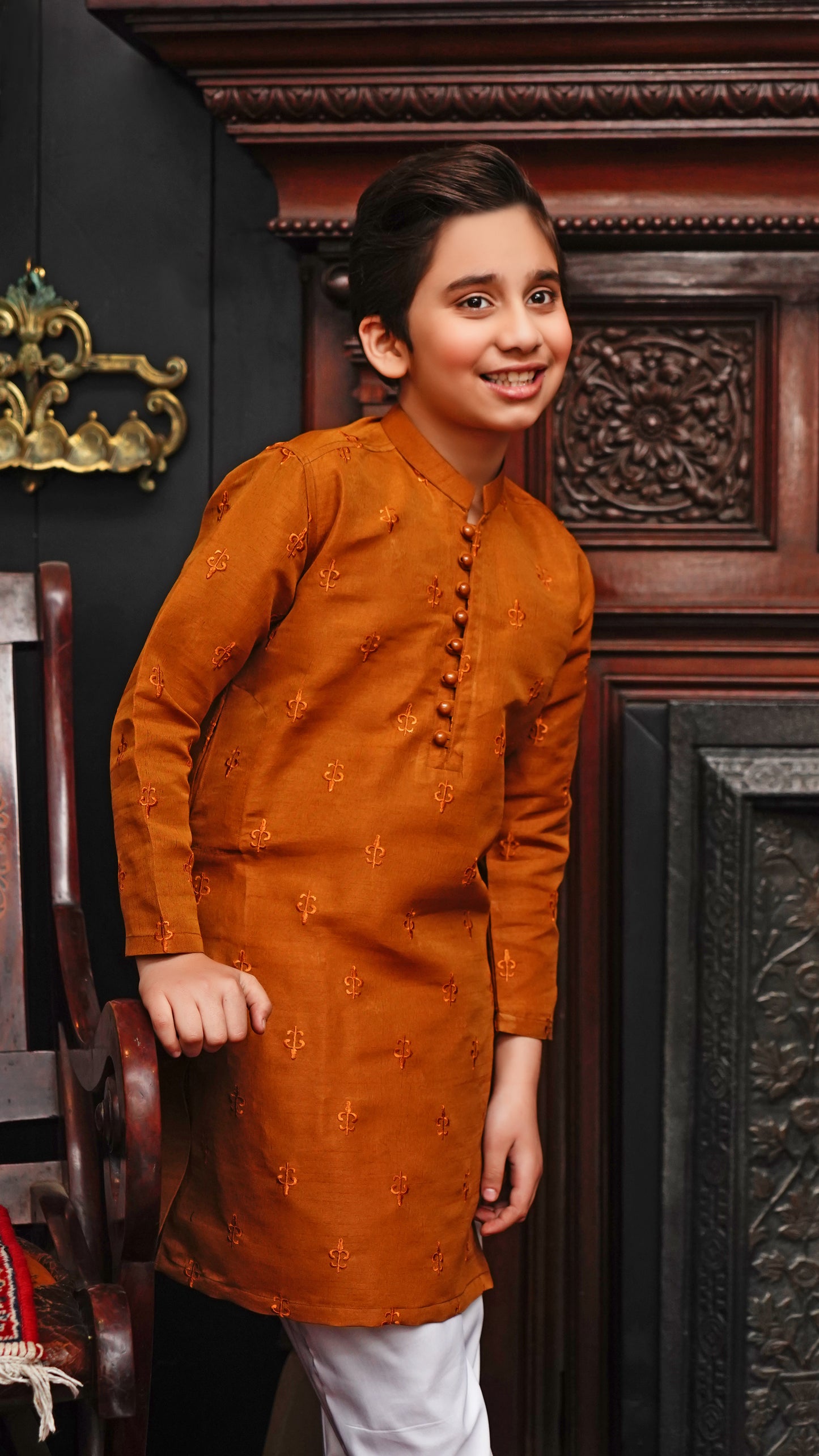 GAMBOGE  BROWN EMBROIDED KID'S KURTA