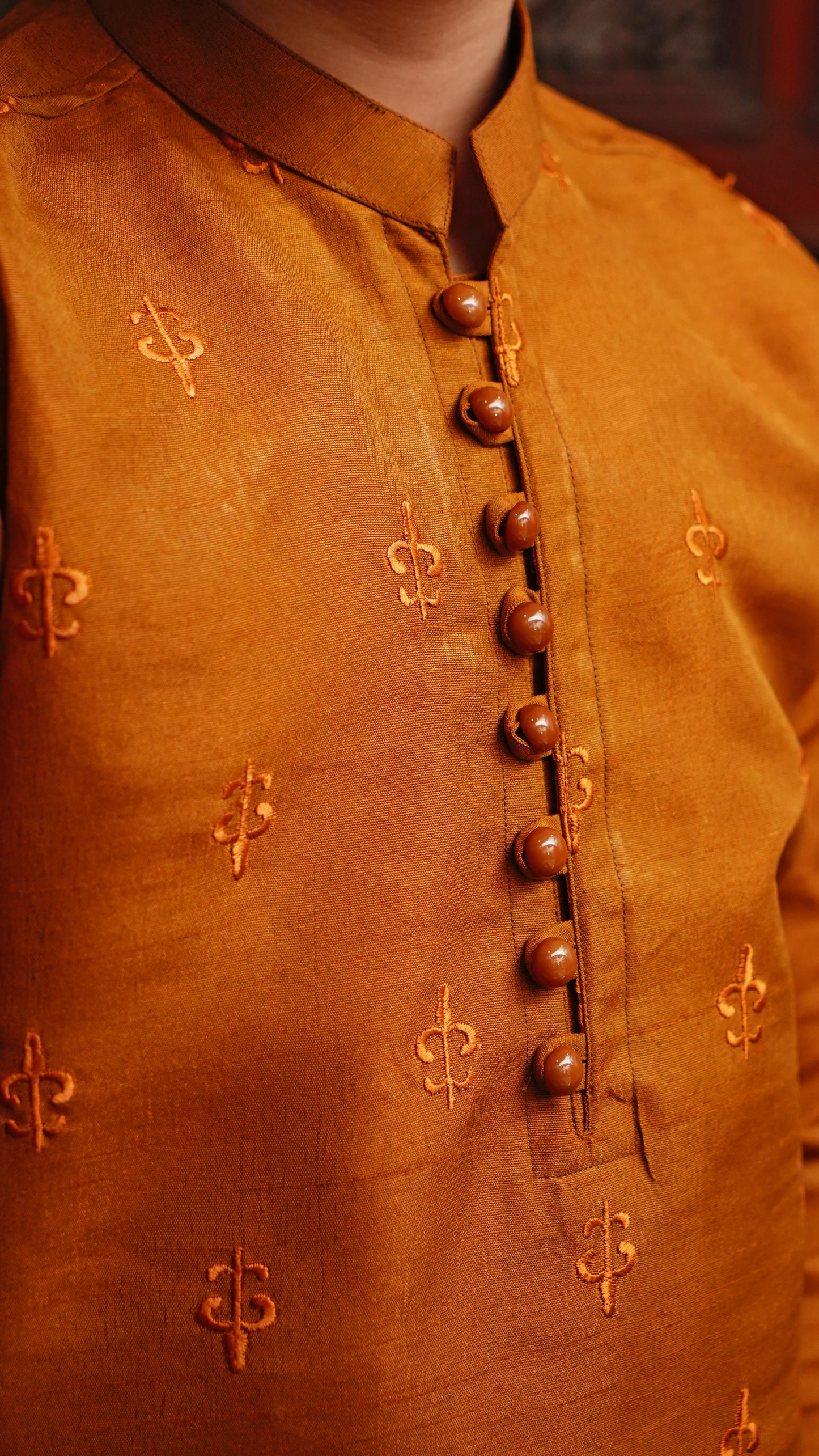 GAMBOGE  BROWN EMBROIDED KID'S KURTA