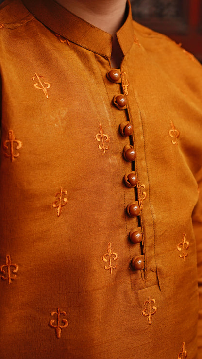 GAMBOGE  BROWN EMBROIDED KID'S KURTA