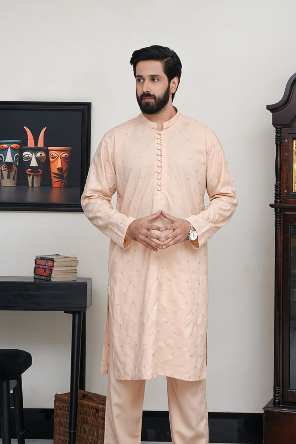 CREAM MEN'S EMBROIDED WASH & WEAR KURTA SET