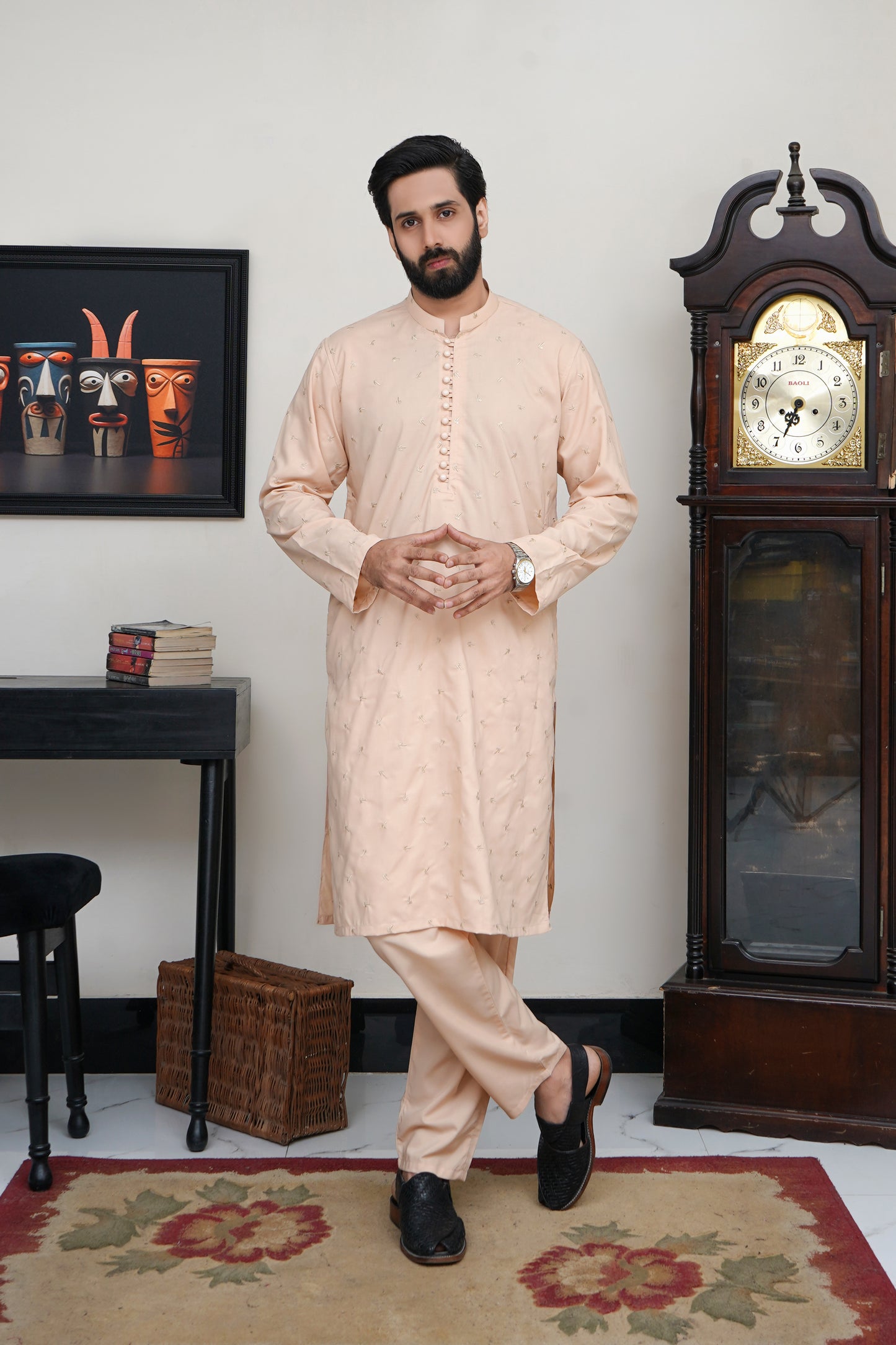 CREAM MEN'S EMBROIDED WASH & WEAR KAMEEZ SHALWAR