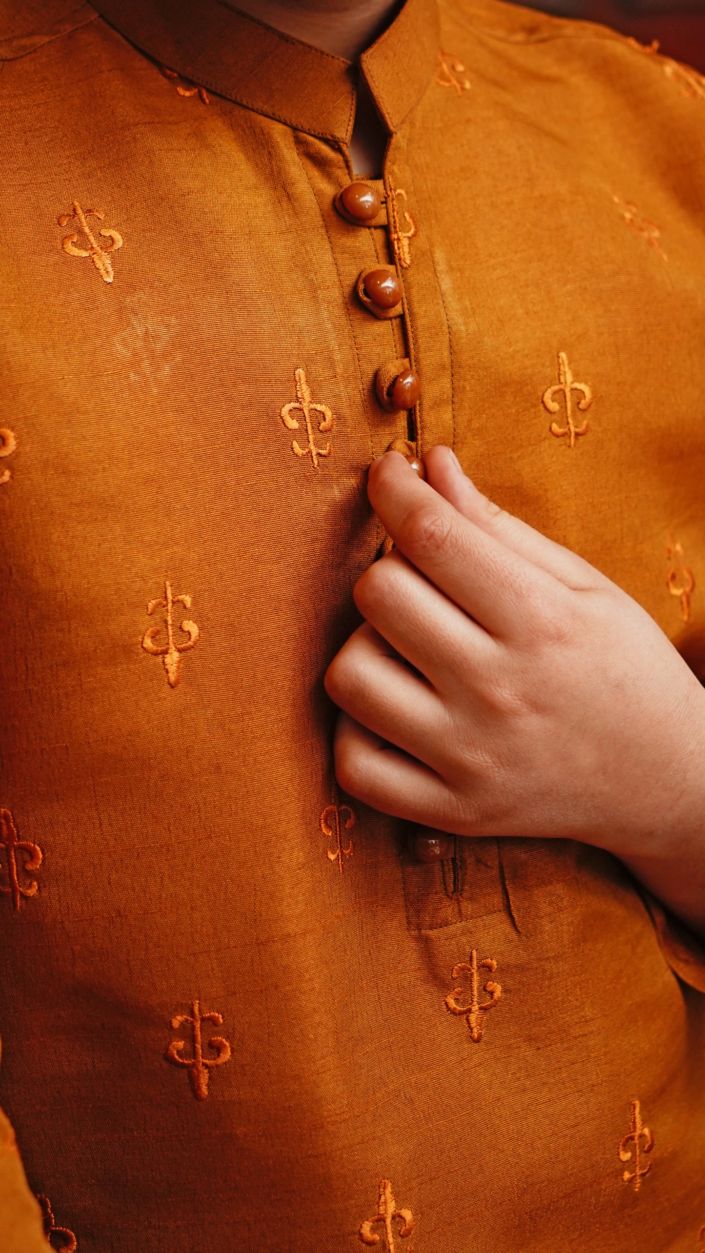 GAMBOGE  BROWN EMBROIDED KID'S KURTA