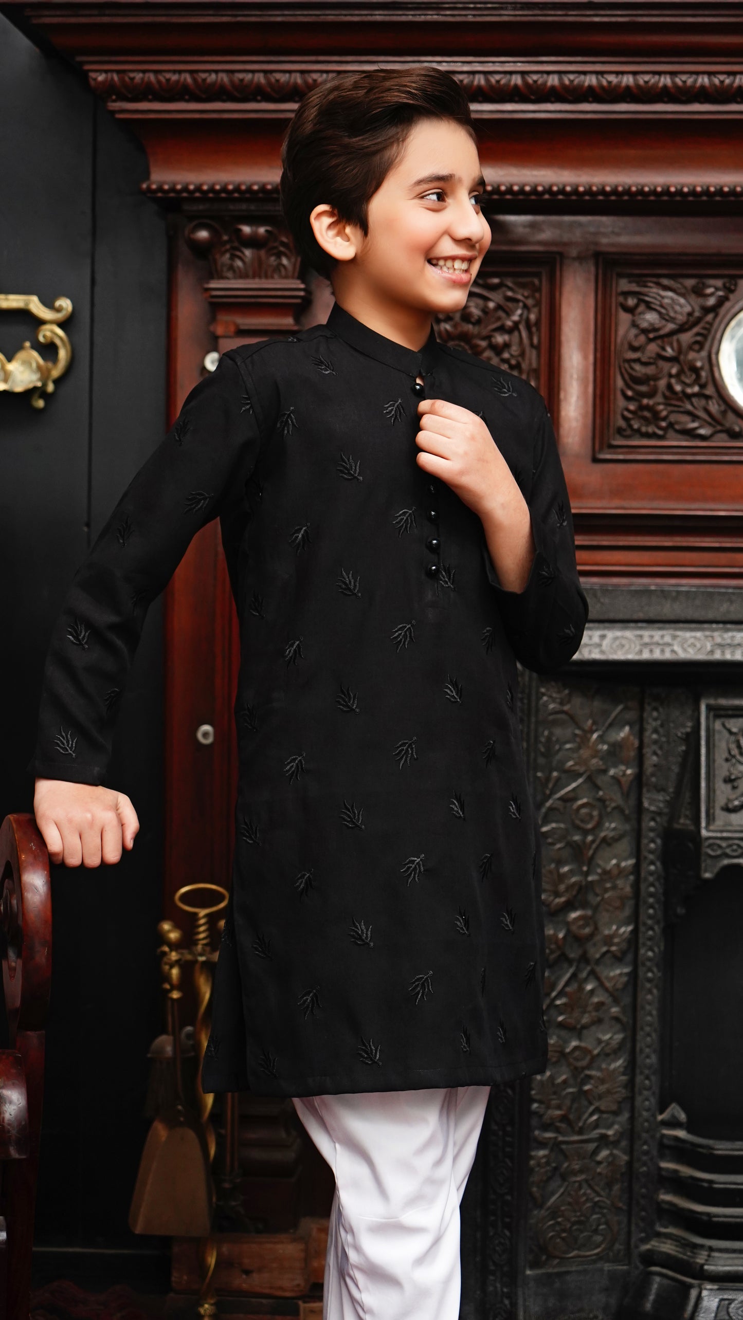 JET BLACK EMBROIDED KID'S KURTA