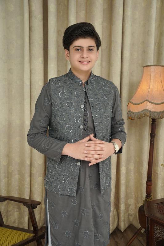 GRAY SEQUENCE EMBROIDERY KID'S WAIST COAT
