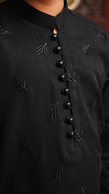 JET BLACK EMBROIDED KID'S KURTA