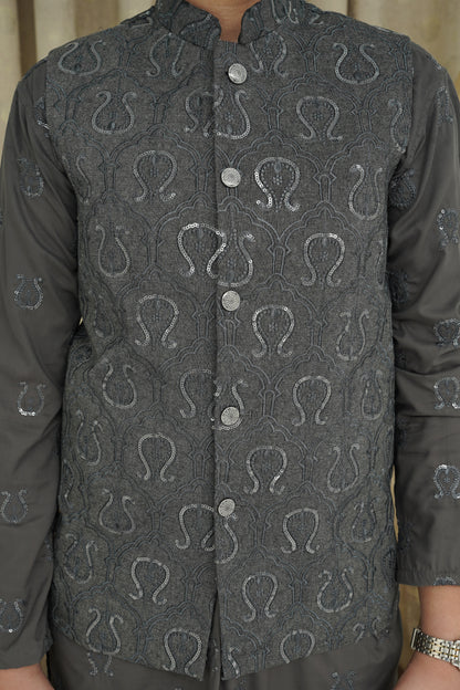 GRAY SEQUENCE EMBROIDERY KID'S WAIST COAT