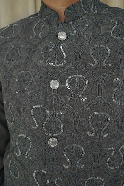 GRAY SEQUENCE EMBROIDERY KID'S WAIST COAT