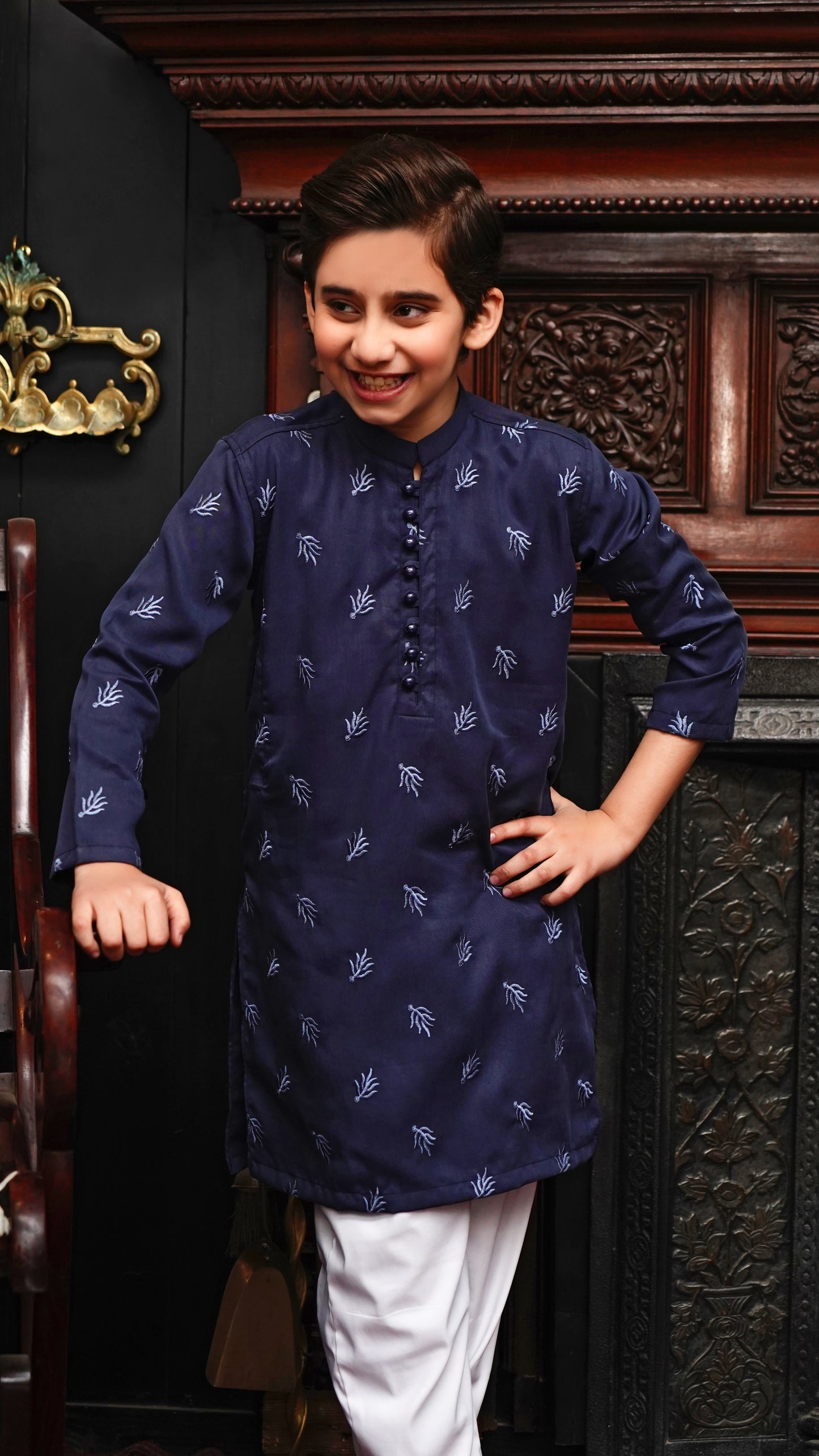 NAVY BLUE EMBROIDED KID'S KURTA