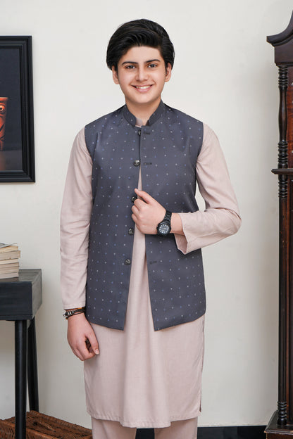 CHARCOAL GRAY PRINTED KID'S WAIST COAT
