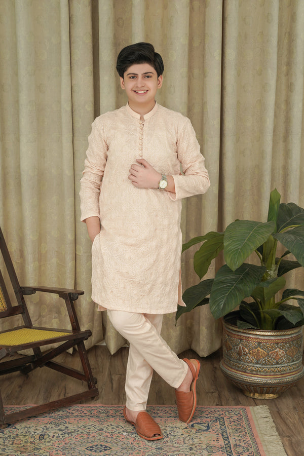 CREAM CHICKEN KID'S COTTON KURTA SET