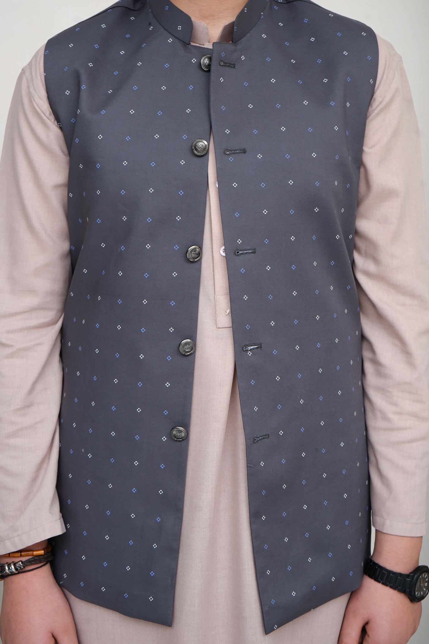CHARCOAL GRAY PRINTED KID'S WAIST COAT