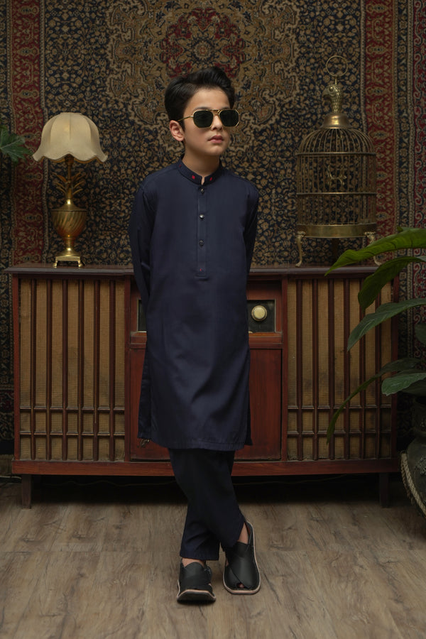 NAVY BLUE WASH & WEAR KID'S KURTA SET WITH RED CONTRAST
