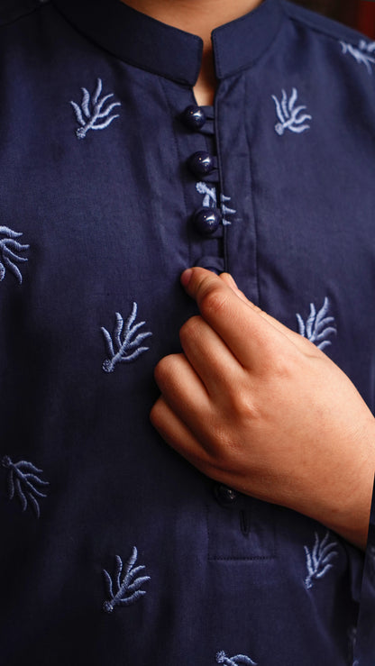 NAVY BLUE EMBROIDED KID'S KURTA