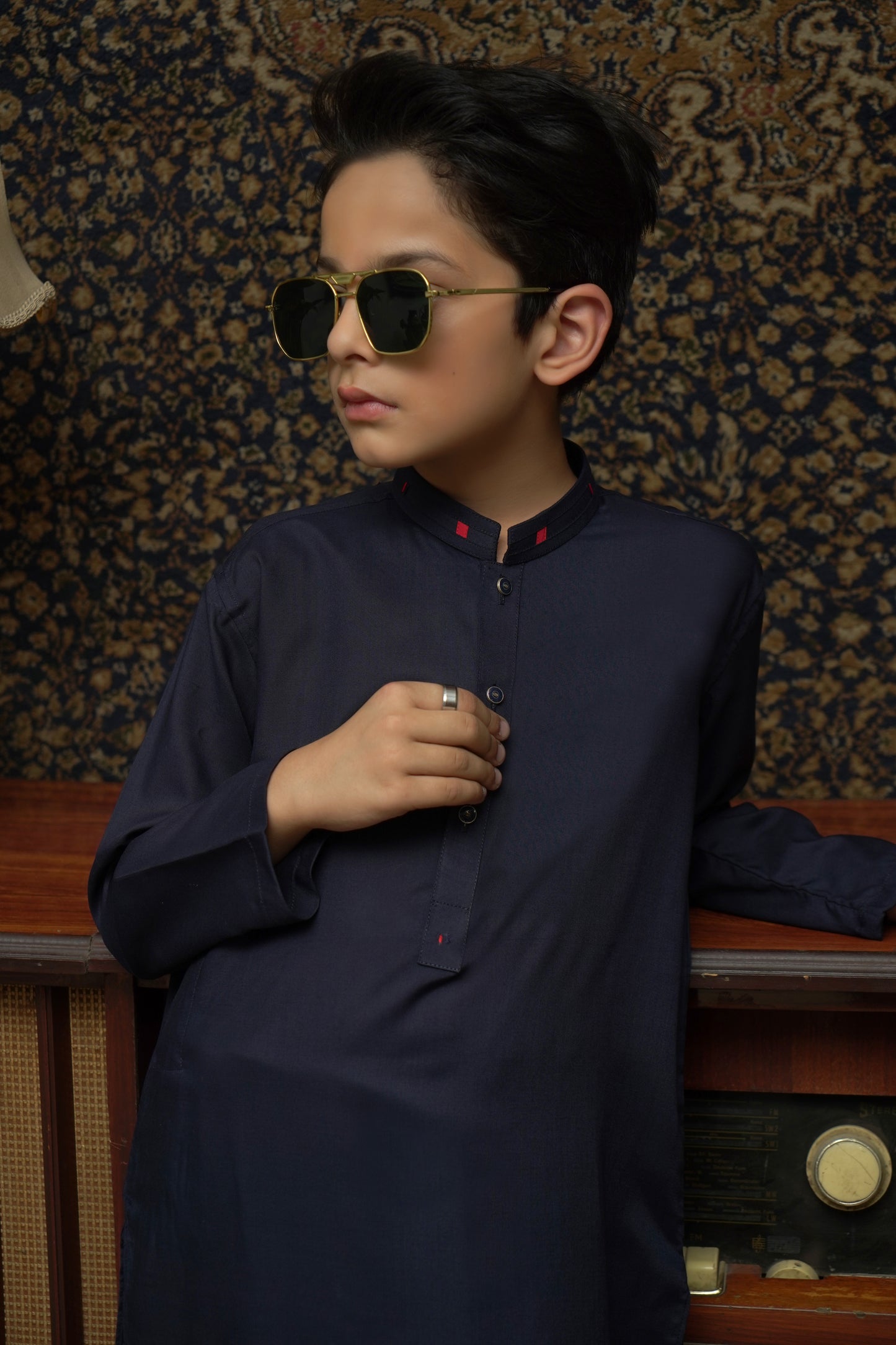 NAVY BLUE WASH & WEAR KID'S SHALWAR KAMEEZ WITH RED CONTRAST