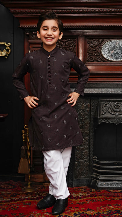 CHOCOLATE BROWN EMBROIDED KID'S KURTA