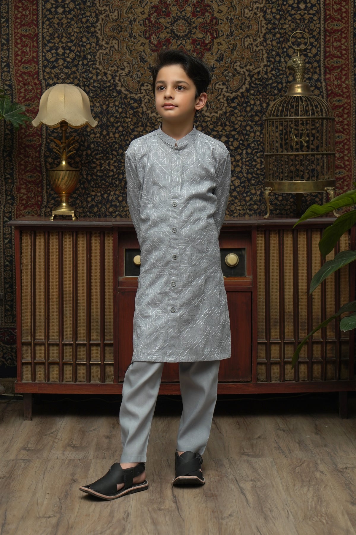 GRAY CHICKEN KID'S COTTON KURTA SET