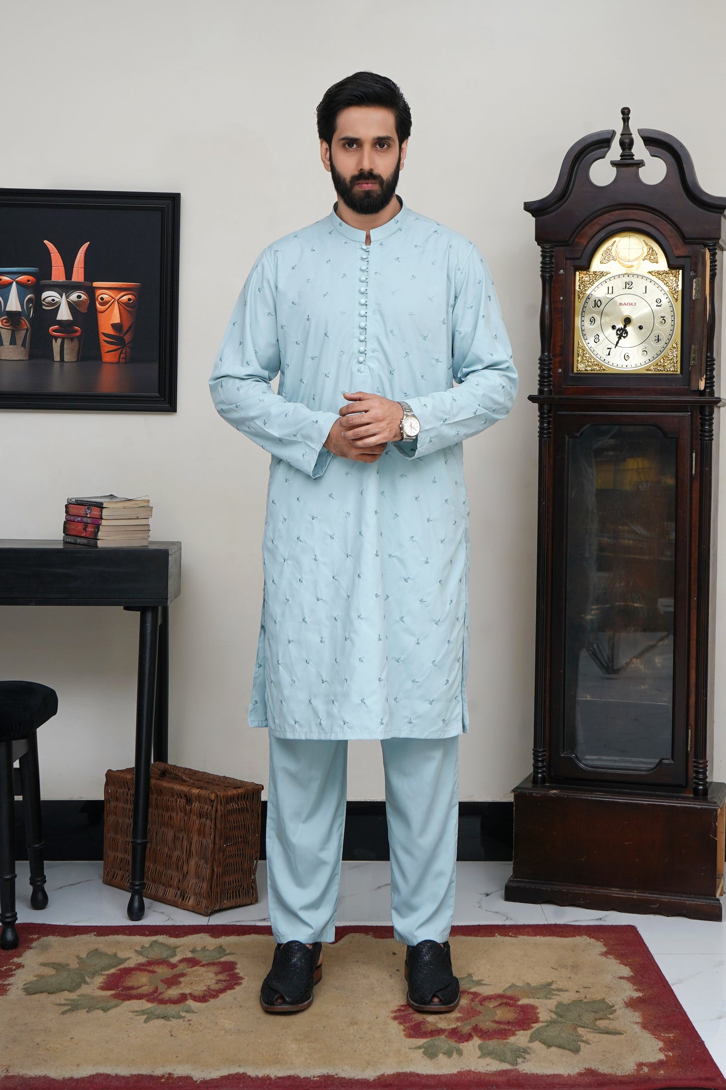 ICE BLUE MEN'S EMBROIDED WASH & WEAR KAMEEZ SHALWAR