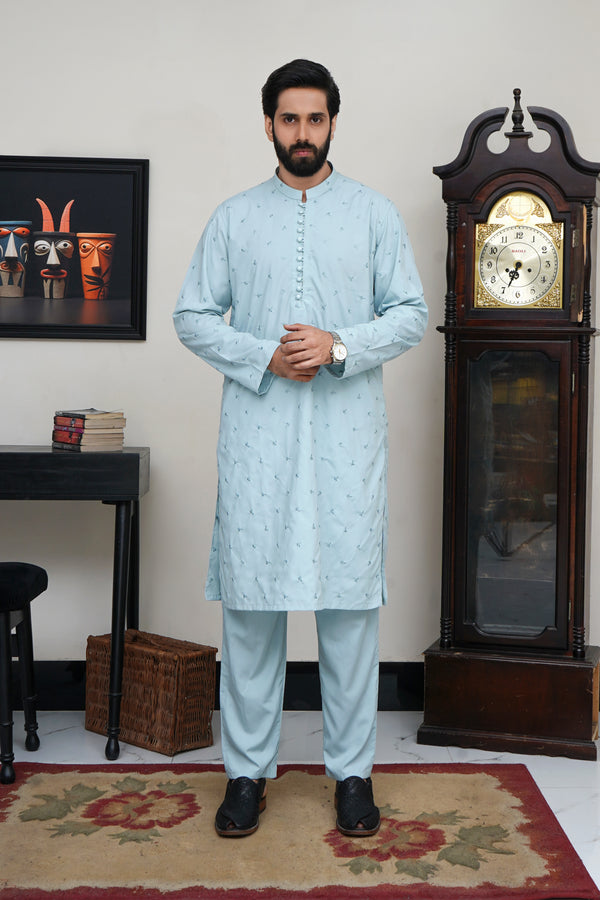 ICE BLUE MEN'S EMBROIDED WASH & WEAR KURTA SET