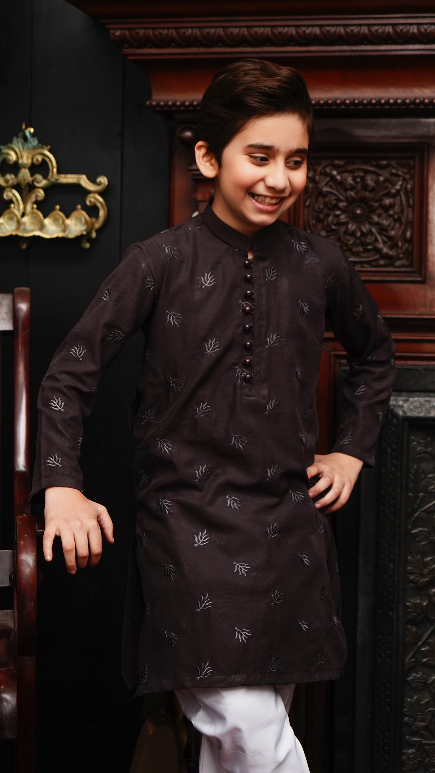 CHOCOLATE BROWN EMBROIDED KID'S KURTA