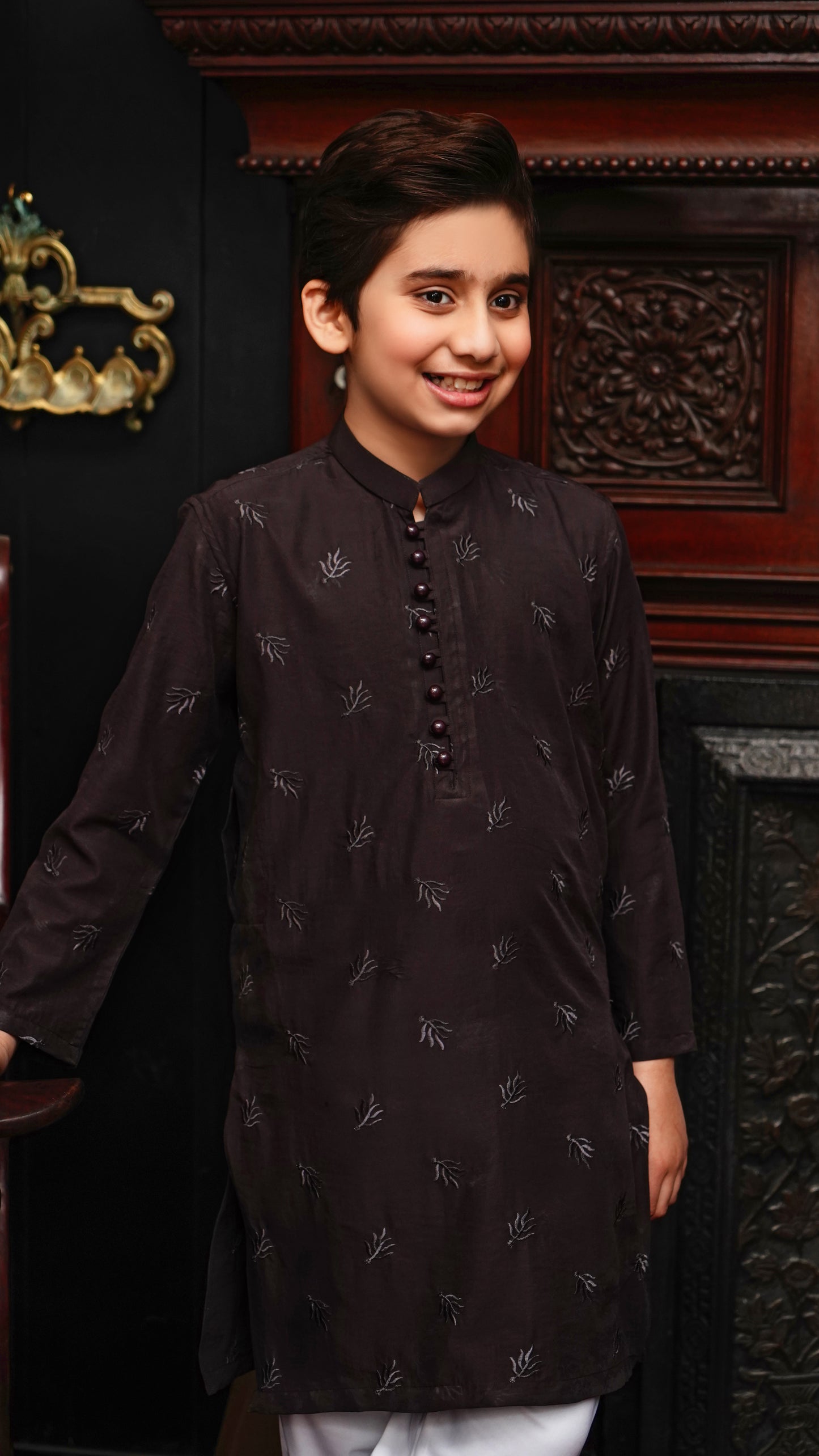 CHOCOLATE BROWN EMBROIDED KID'S KURTA