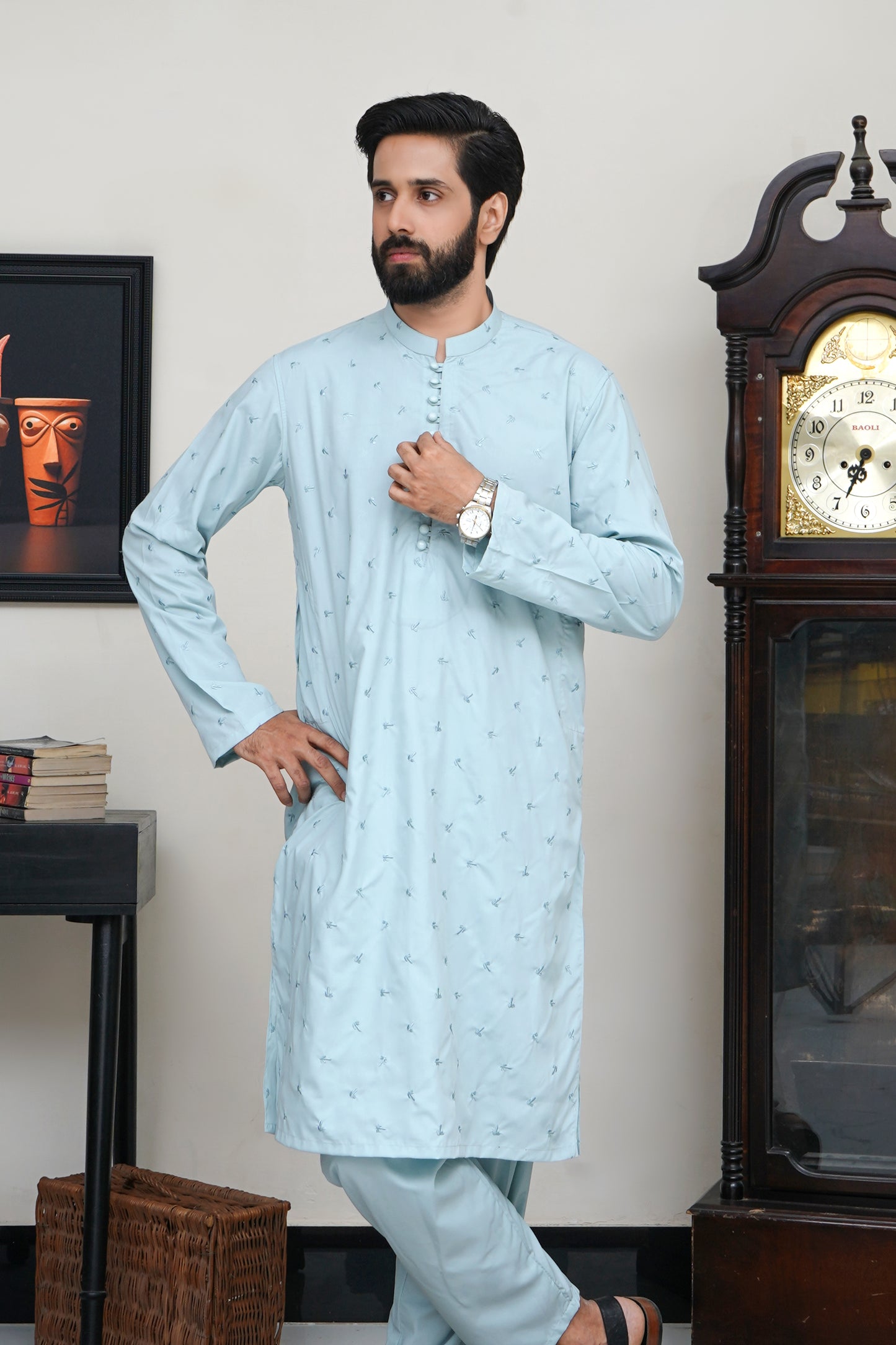 ICE BLUE MEN'S EMBROIDED WASH & WEAR KAMEEZ SHALWAR